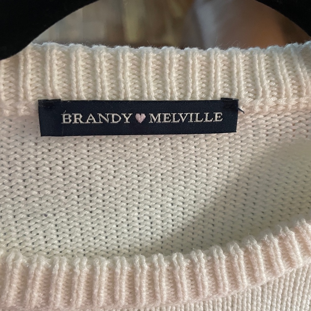 Brandy Melville Cream Crewneck Sweater with Navy and Red Stripes - Picture 3 of 3
